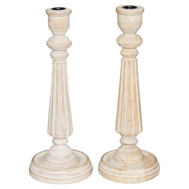 Neoclassical Carved Fluted Limed Oak Candlesticks, Set of 2 For Sale - Image 12 of 12
