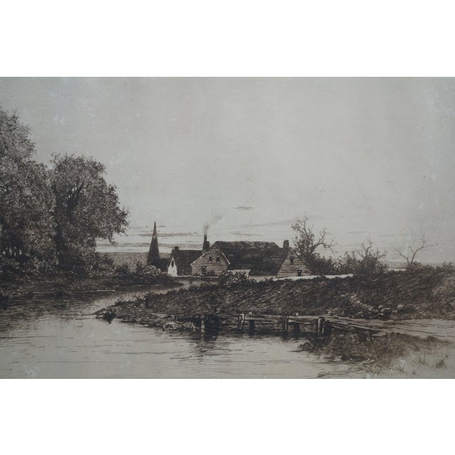 Antique Panoramic Country Farmhouse Church Steeple River Landscape Etching 30" For Sale - Image 9 of 13