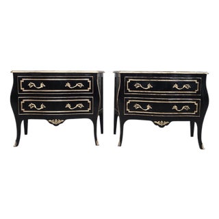 Vintage Louis XV Style Black Lacquer Bombe Commodes by Bodart - Pair For Sale
