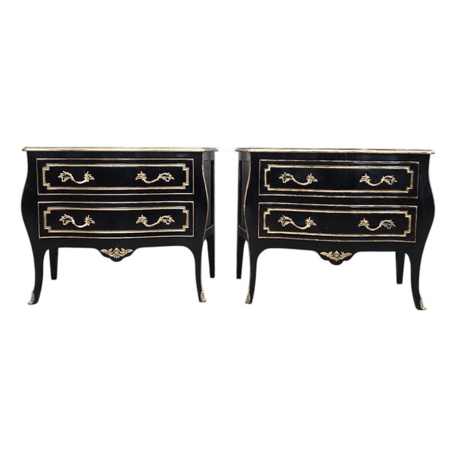 Vintage Louis XV Style Black Lacquer Bombe Commodes by Bodart - Pair For Sale