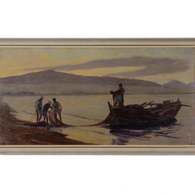 Philip Thomson Gilchrist (British, 1865-1956) fishermen at dusk oil on canvas signed lower left sight: 29 ¼ by 14 ½ inches...