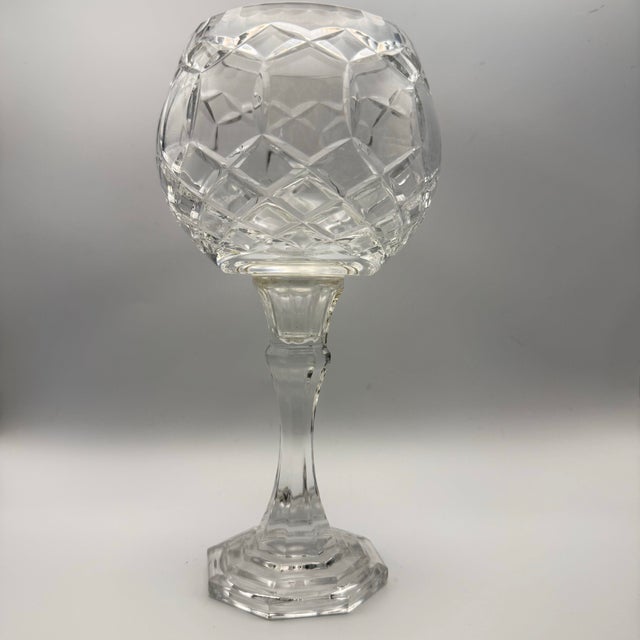 1980s Vintage Polish 24% Lead Crystal Candle Holder Goblet Hand Cut Diamond Pattern 9" For Sale - Image 5 of 11