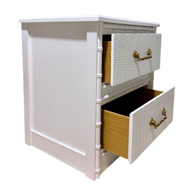 Brass Mid 20th Century Pair of Palm Beach Faux Bamboo White Nightstands With Woven Drawer Fronts & Brass Hardware For Sale - Image 8 of 8