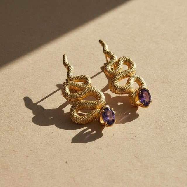 Massive Snake Earrings With Amethysts in Opened Mouth, Pair For Sale - Image 4 of 7