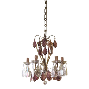 19thc French Antique Louis XVI Bronze W/ Cut Amethyst & Clear Crystal Pendalogue Chandelier