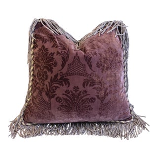 Lavender French Silk Velvet Floral Botanical Feather/Down Pillow W/ Fringe 23” Square For Sale