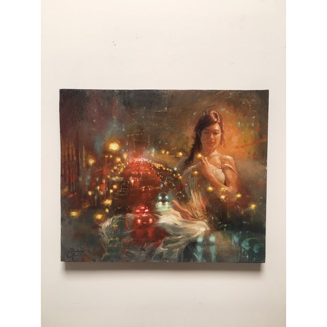 This oil on wood panel artwork presents a dreamlike scene where a figure draped in soft fabric merges with a vibrant...