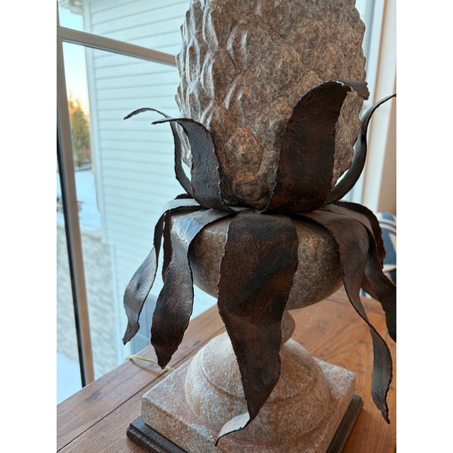 1990s Vintage Pineapple Form Table Lamp With Hand-Forged Metal Leaves For Sale - Image 5 of 12