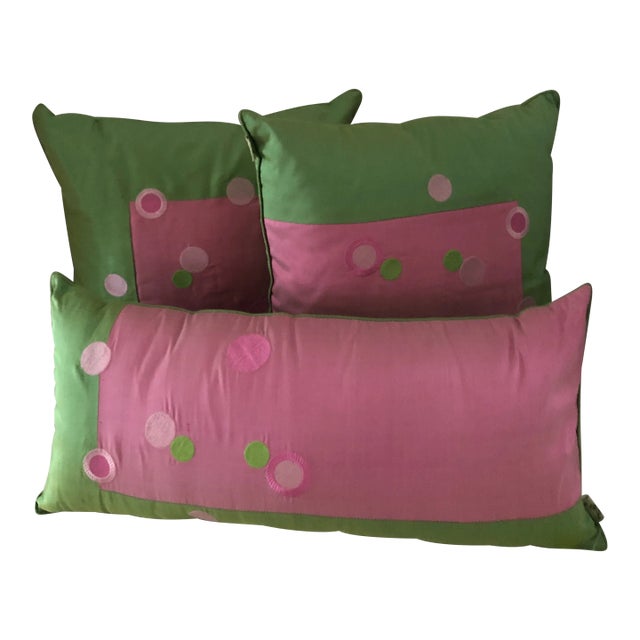 Set of 3 Pink & Green Silk Polka Dot Pillows For Sale