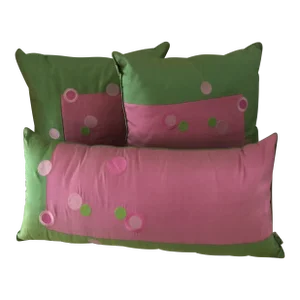 Set of 3 Pink & Green Silk Polka Dot Pillows