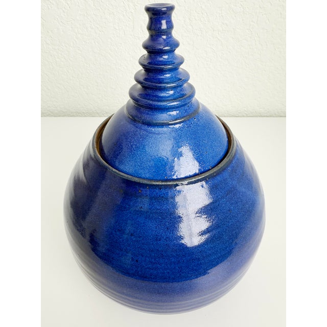 Late 20th Century Cobalt Blue Modernist Ceramic Lidded Pot, Artist Signed For Sale - Image 4 of 9