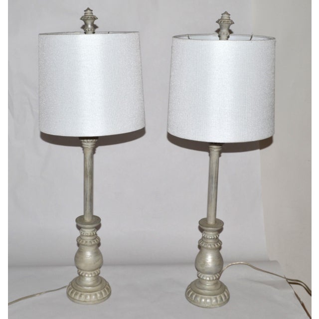California Lamps and Shade Co. Mid Century Modern Silver Florentine Italian Painted Candlestick Lamps With Linen Shades - a Pair For Sale - Image 4 of 15