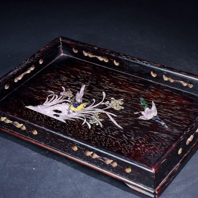 Traditional Vintage Zitan Wood Tray With Mother-of-Pearl Bird & Floral Inlay For Sale - Image 3 of 9