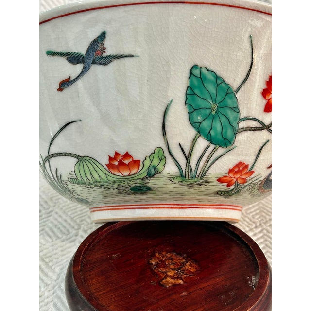 Vintage 10” Hand-Painted Porcelain Lotus & Dragon Centerpiece Bowl With Ming Style Wood Stand For Sale - Image 4 of 11