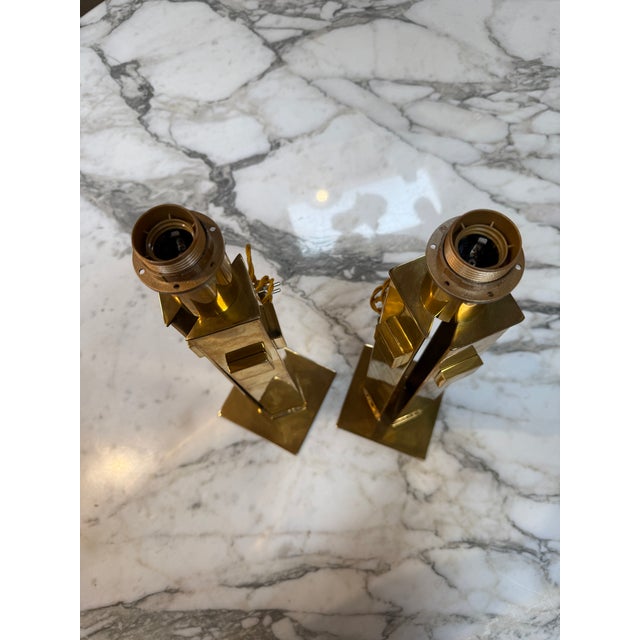 1970s Italian Modernist Brass Table Lamps - a Pair For Sale - Image 10 of 10