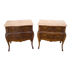 Pair Custom Bombe Shape Marble Top Brass Drop Pulls 2 Drawer Nightstands Tables