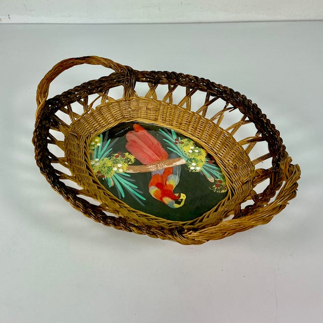 1950s Vintage Mexican Folk Art Original Feather Mixed Media Acrylic Bird Painting With Basket Frame For Sale - Image 9 of 14