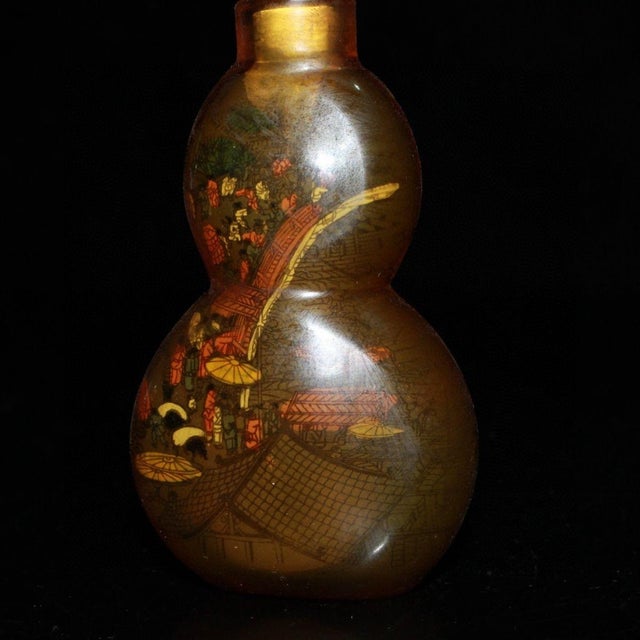 Mid 20th Century Hand-Painted Interior Glass Snuff Bottle, Gourd Shape, Qingming Riverside Scene, Asian Decor Accent For Sale - Image 4 of 9