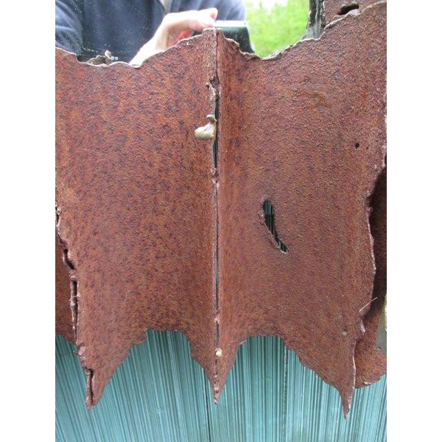Metal Distressed Brutalist Torch Cut Steel Wall Mirror Attributed to Tom Greene, Circa 1970 For Sale - Image 7 of 14