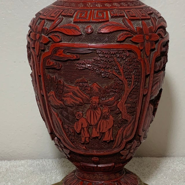 Chinese Vintage Hand-Carved Chinese Cinnabar Lacquer Lamp With Brass Base and Agate Finial For Sale - Image 3 of 10