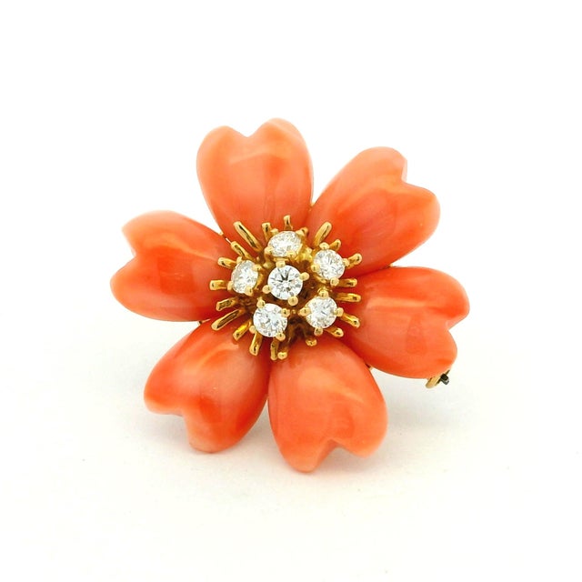 Orange Italian Carved Coral & Diamond 18k Gold Flower Brooch Pendant, Circa 1970 For Sale - Image 8 of 13