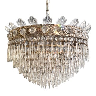 Antique Art Nouveau Low Plafonnier Crystal Brass Chandelier For Sale