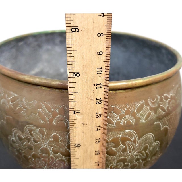 8" Vintage Hand-Chased Brass Cachepot Jardinere – Peony & Chrysanthemum Engravings For Sale - Image 15 of 15