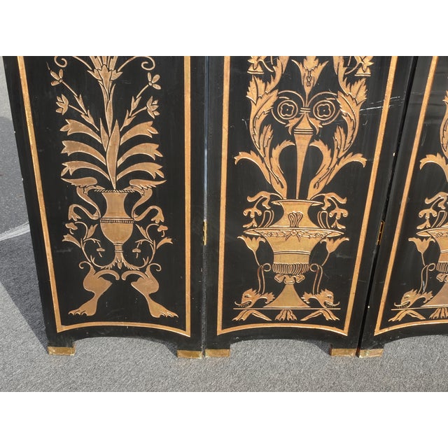 Vintage Oriental Asian Chinoiserie Four Panel Black Lacquer Screen/Room
