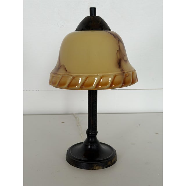 Metal Art Deco Scandinavian Table Lamp with Amber Glass Shade For Sale - Image 7 of 14
