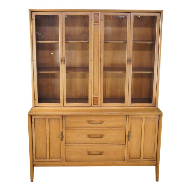 1960s Drexel Meridian Mid Century Modern Walnut China Display Cabinet Buffet Hutch For Sale