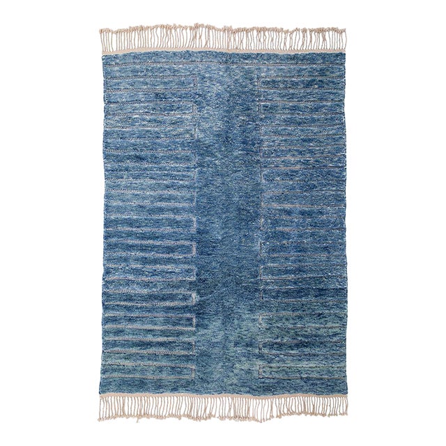 Mottled Linear Hand-Knotted Wool Rug | 10'1" X 7'2" | One of a Kind For Sale