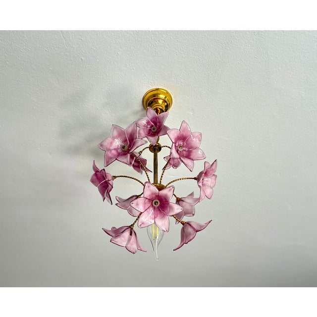 Vintage Italian Murano Style Hand-Painted Pink Floral Pendant Light, Romantic Glass Blossom Chandelier, Dramatic Ceiling Shadow Display For Sale - Image 15 of 17