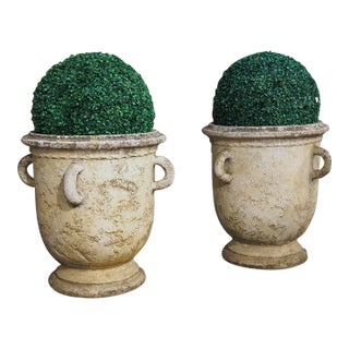 Pair of Vintage French Cement Planters With Looped Handles, Circa 1970s For Sale