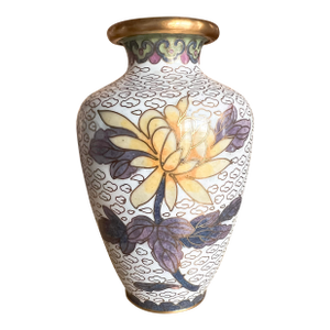 Vintage Floral Cloisonné Bud Vase With Brass Rim & Teal Enamel Base