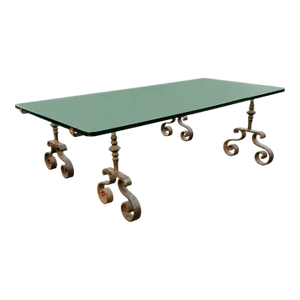 Spanish Colonial Revival Hand-Forged Wrought Iron Coffee Table With Glass Top, Circa 1930
