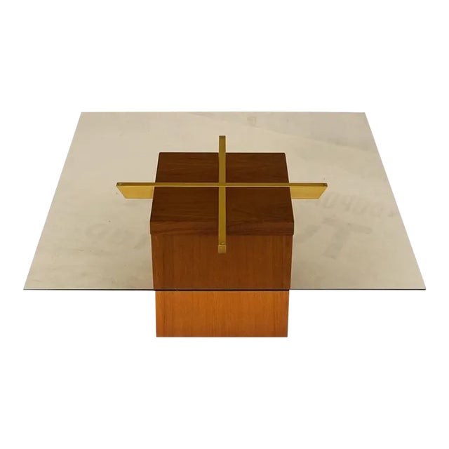 Teak Cube & Brass X Base Danish Modern Bronze Smoked Square Glass Coffee Table For Sale