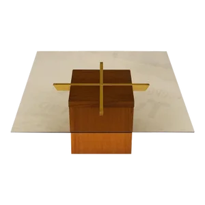 Teak Cube & Brass X Base Danish Modern Bronze Smoked Square Glass Coffee Table