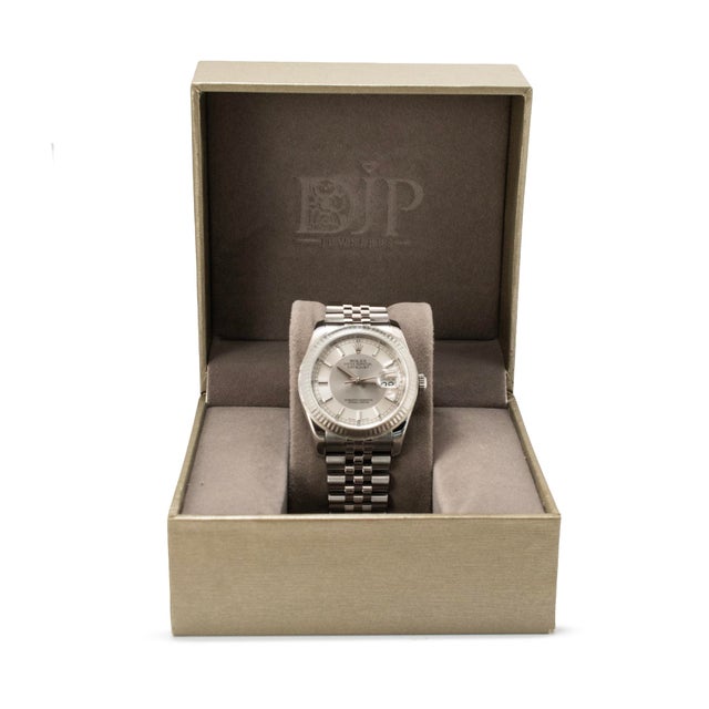Rolex Datejust 36mm 116234 Tuxedo Dial Jubilee 18k White Gold Fluted Steel Watch For Sale - Image 9 of 10