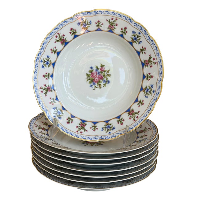 Bernardaud Chateaubriand Blue Limoges Porcelain Large Rim Shallow Soup Bowls. .