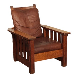 Early 20th Century JM Young Oak & Leather Mission Style Morris Chair For Sale