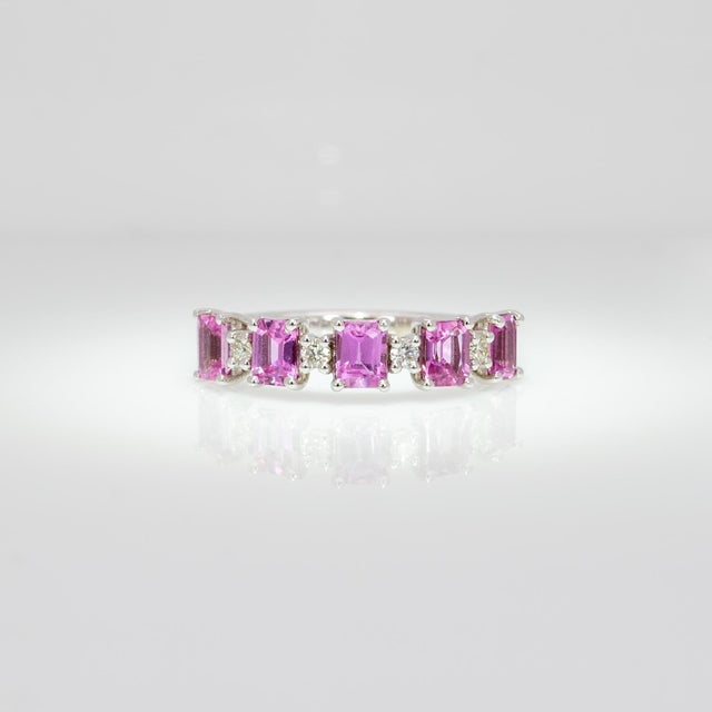 1.49Ct Pink Sapphire & Diamond Band in Solid 14k Gold - Emerald Cut 4x3mm, Size 6.75 For Sale - Image 4 of 9