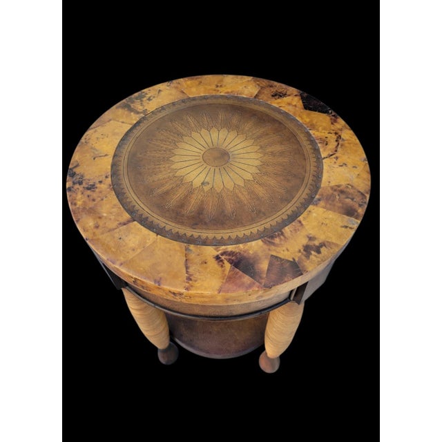 Brown Vintage Theodore Alexander Style Pen Shell Leather Rattan Round Side Table For Sale - Image 8 of 8