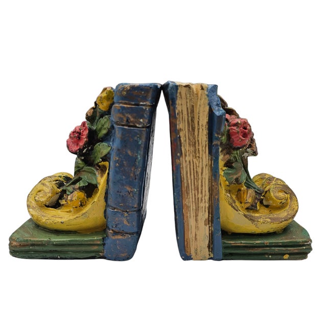Baroque Vintage Floral Chalk Ware Bookends, Baroque Style, Pair For Sale - Image 3 of 8