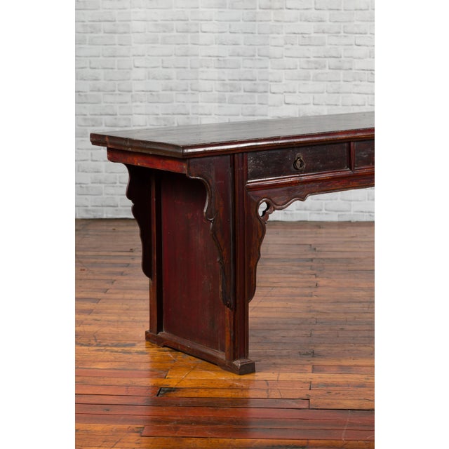 Mid 19th Century Mid 19th Century Chinese Qing Dynasty Elm Low Console Table with Three Drawers For Sale - Image 5 of 13