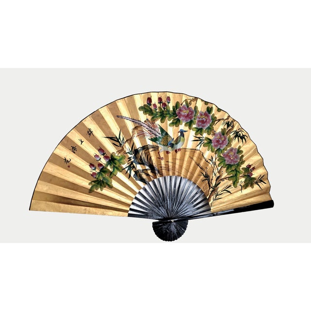 ExtraLarge Vintage Chinese Gold Leaf Paper Wall Fan Painting on Black