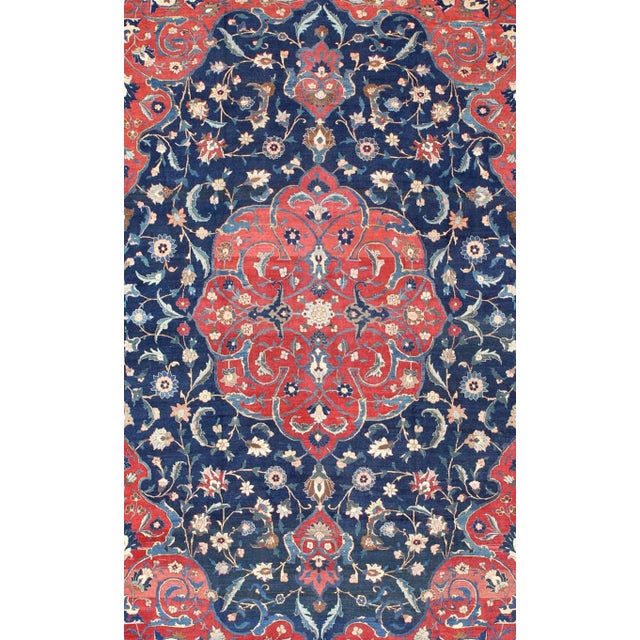 Traditional Antique Large Persian Tabriz Rug With Large Flowers on a Navy Background For Sale - Image 3 of 12