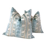 Brunschwig and Fils "Bayeaux" Velvet in Aqua 18" Down-Filled Pillows- a Pair For Sale