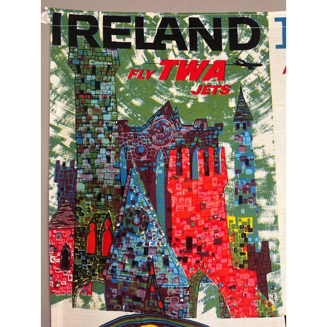 A large David Klein TWA travel banner featuring four of his classic destination designs: Ireland, London, Chicago, and...