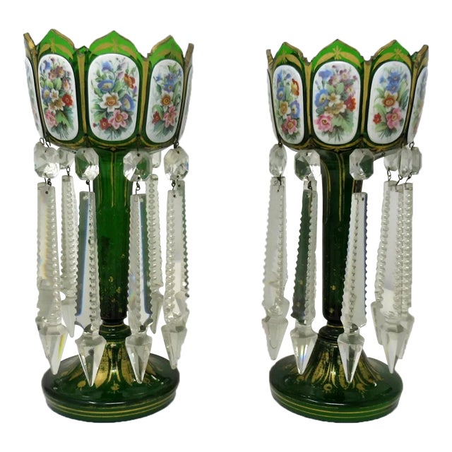 Antique Crystal Bohemian Emerald Green Enamel Pair Overlaid Lusters Candlesticks For Sale