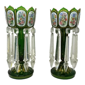 Antique Crystal Bohemian Emerald Green Enamel Pair Overlaid Lusters Candlesticks